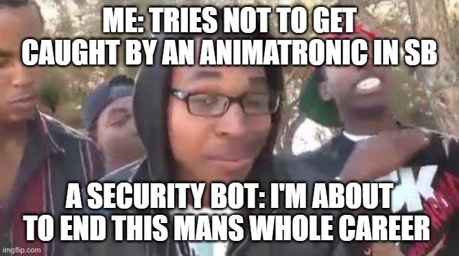 fnaf sb edit | ME: TRIES NOT TO GET CAUGHT BY AN ANIMATRONIC IN SB; A SECURITY BOT: I'M ABOUT TO END THIS MANS WHOLE CAREER | image tagged in i'm about to end this man's whole career | made w/ Imgflip meme maker