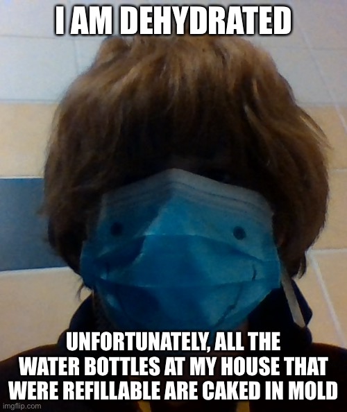eh | I AM DEHYDRATED; UNFORTUNATELY, ALL THE WATER BOTTLES AT MY HOUSE THAT WERE REFILLABLE ARE CAKED IN MOLD | image tagged in scarri honu | made w/ Imgflip meme maker