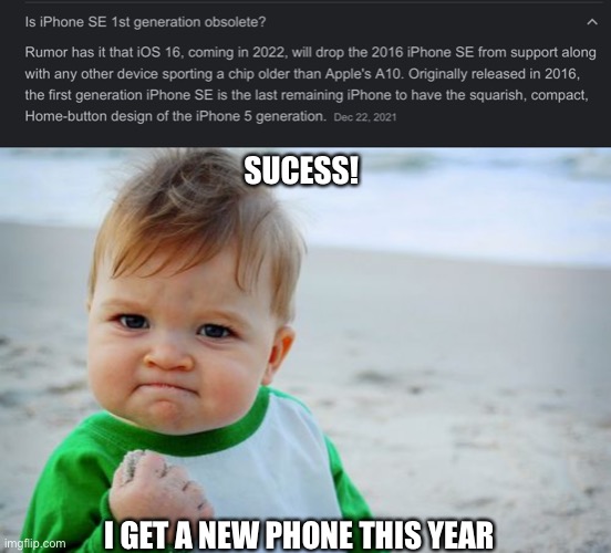 SUCESS! I GET A NEW PHONE THIS YEAR | image tagged in memes,success kid original | made w/ Imgflip meme maker