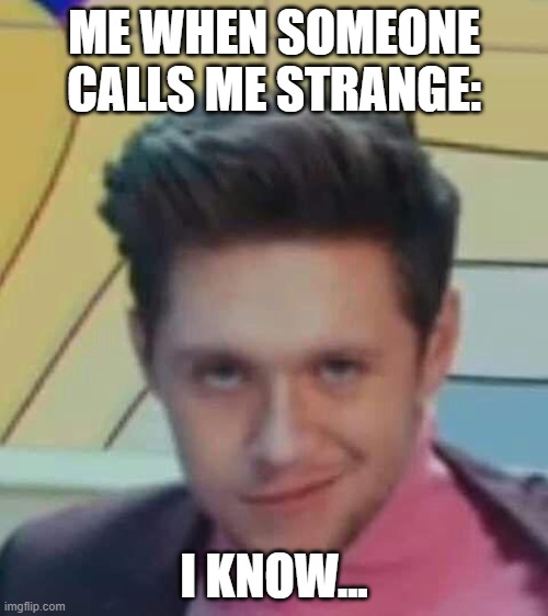 im weird | ME WHEN SOMEONE CALLS ME STRANGE:; I KNOW... | image tagged in niall horan | made w/ Imgflip meme maker
