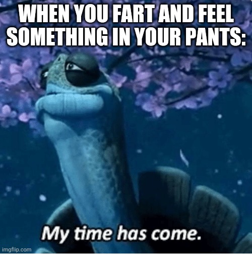 Luckily, that's never happened to me | WHEN YOU FART AND FEEL SOMETHING IN YOUR PANTS: | image tagged in my time has come | made w/ Imgflip meme maker