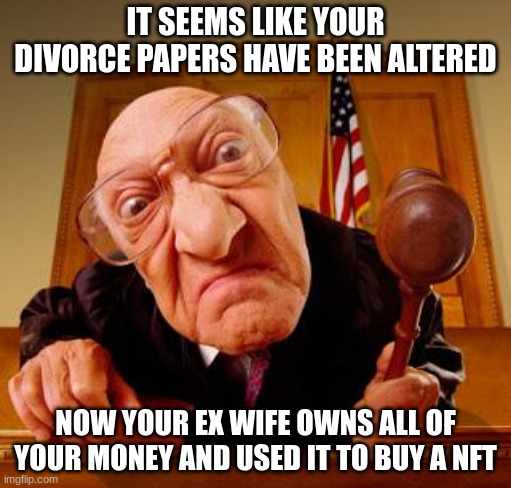 nft | IT SEEMS LIKE YOUR DIVORCE PAPERS HAVE BEEN ALTERED; NOW YOUR EX WIFE OWNS ALL OF YOUR MONEY AND USED IT TO BUY A NFT | image tagged in mean judge,nft,just screenshot them | made w/ Imgflip meme maker