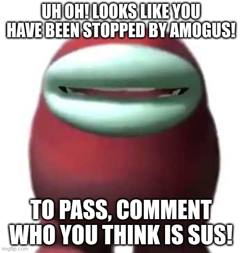checkpoint among us | UH OH! LOOKS LIKE YOU HAVE BEEN STOPPED BY AMOGUS! TO PASS, COMMENT WHO YOU THINK IS SUS! | image tagged in amogus sussy | made w/ Imgflip meme maker