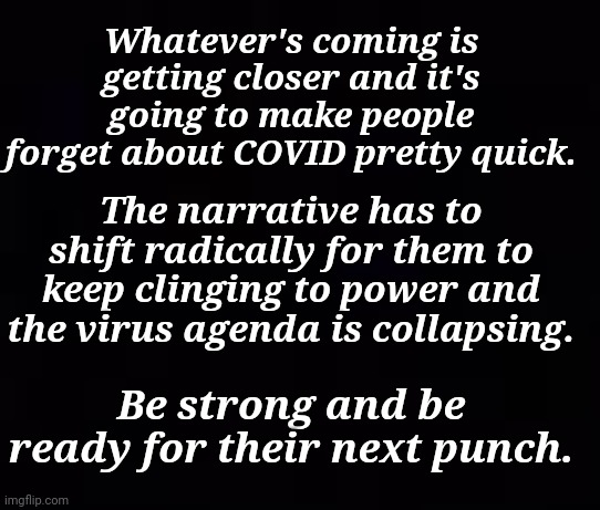Be Strong & Be Ready For Their Next Punch. | Whatever's coming is getting closer and it's going to make people forget about COVID pretty quick. The narrative has to shift radically for them to keep clinging to power and the virus agenda is collapsing. Be strong and be ready for their next punch. | image tagged in democratic socialism,agenda,ConservativesOnly | made w/ Imgflip meme maker