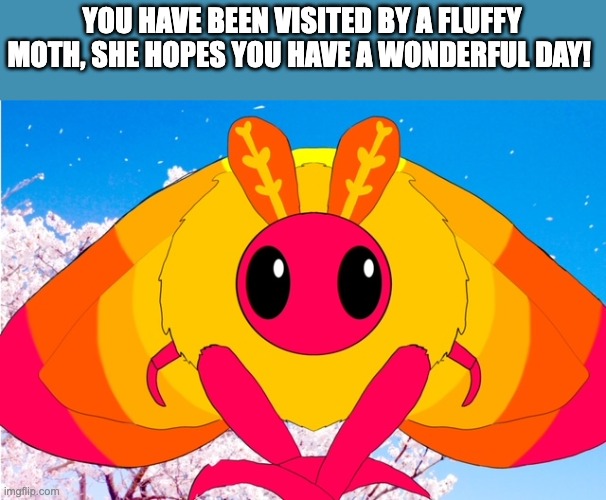 This is a very wholesome cartoon drawing of a Rosy Maple Moth that I drew. Don't steal or trace! | YOU HAVE BEEN VISITED BY A FLUFFY MOTH, SHE HOPES YOU HAVE A WONDERFUL DAY! | image tagged in digital art,moth,wholesome,fluff | made w/ Imgflip meme maker