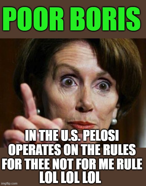 Nancy Pelosi No Spending Problem | POOR BORIS IN THE U.S. PELOSI OPERATES ON THE RULES FOR THEE NOT FOR ME RULE LOL LOL LOL | image tagged in nancy pelosi no spending problem | made w/ Imgflip meme maker