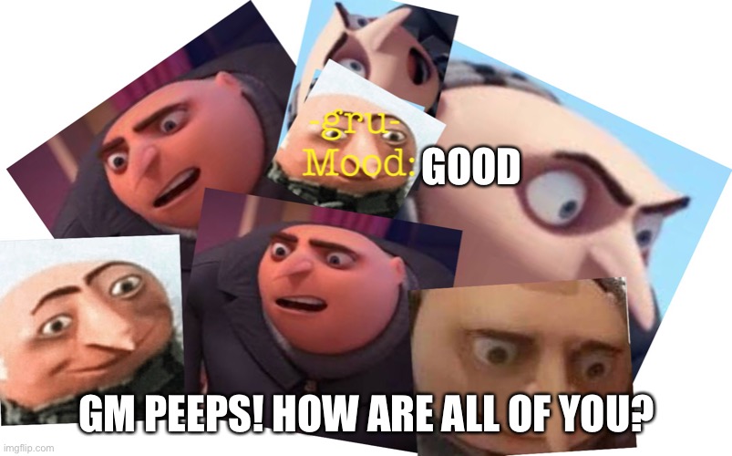 :) | GOOD; GM PEEPS! HOW ARE ALL OF YOU? | image tagged in -gru- template | made w/ Imgflip meme maker