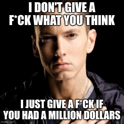 when you see rickinem | I DON'T GIVE A F*CK WHAT YOU THINK; I JUST GIVE A F*CK IF YOU HAD A MILLION DOLLARS | image tagged in memes,eminem | made w/ Imgflip meme maker