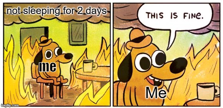 this is fine | not sleeping for 2 days; me; Me | image tagged in memes,this is fine | made w/ Imgflip meme maker