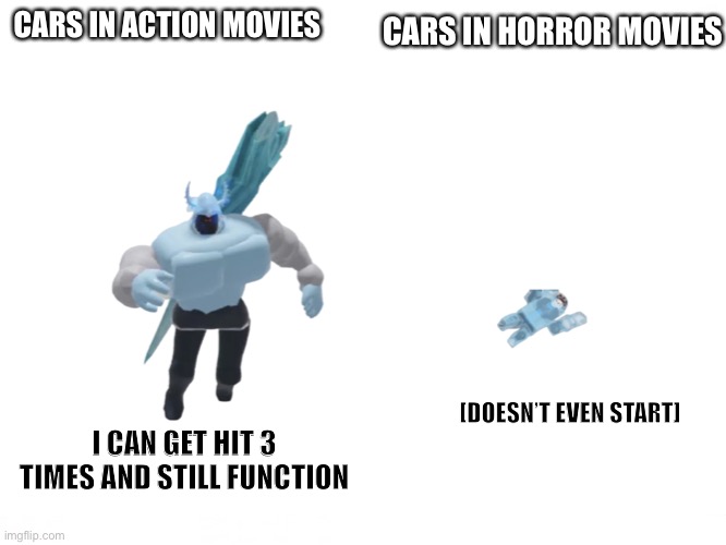Arctic Warrior VS Frozen Bacon | CARS IN ACTION MOVIES; CARS IN HORROR MOVIES; [DOESN’T EVEN START]; I CAN GET HIT 3 TIMES AND STILL FUNCTION | image tagged in memes | made w/ Imgflip meme maker