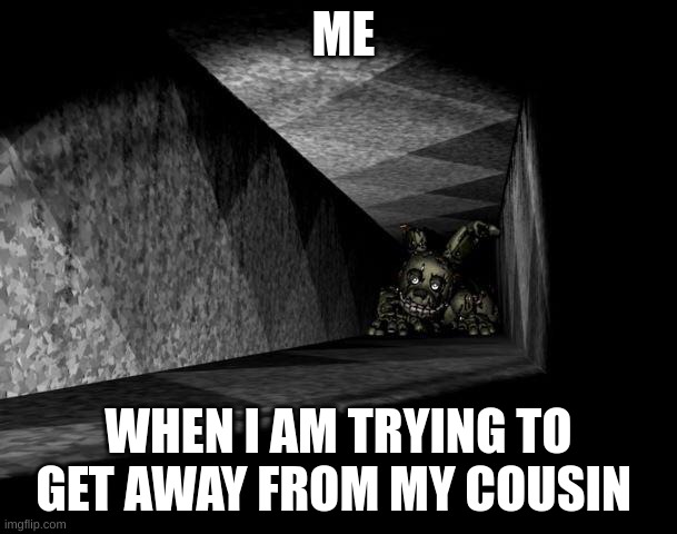 :) | ME; WHEN I AM TRYING TO GET AWAY FROM MY COUSIN | image tagged in fnaf 3 | made w/ Imgflip meme maker