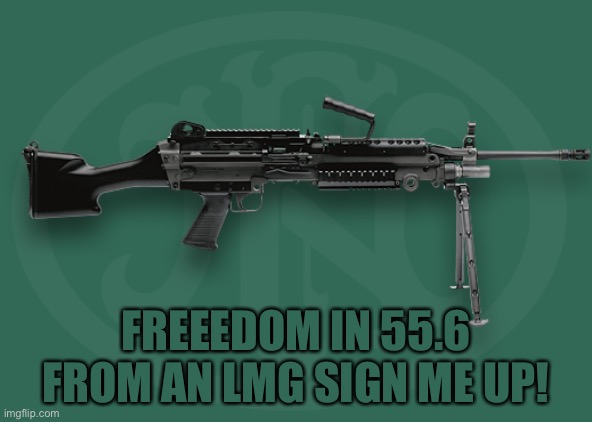 M-249 SAW LMG | FREEEDOM IN 55.6 FROM AN LMG SIGN ME UP! | image tagged in m-249 saw lmg | made w/ Imgflip meme maker