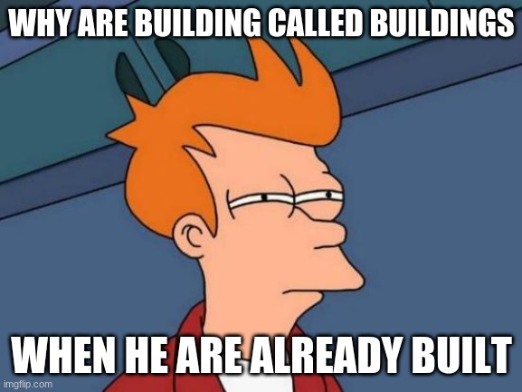 Futurama Fry |  WHY ARE BUILDING CALLED BUILDINGS; WHEN HE ARE ALREADY BUILT | image tagged in memes,futurama fry | made w/ Imgflip meme maker