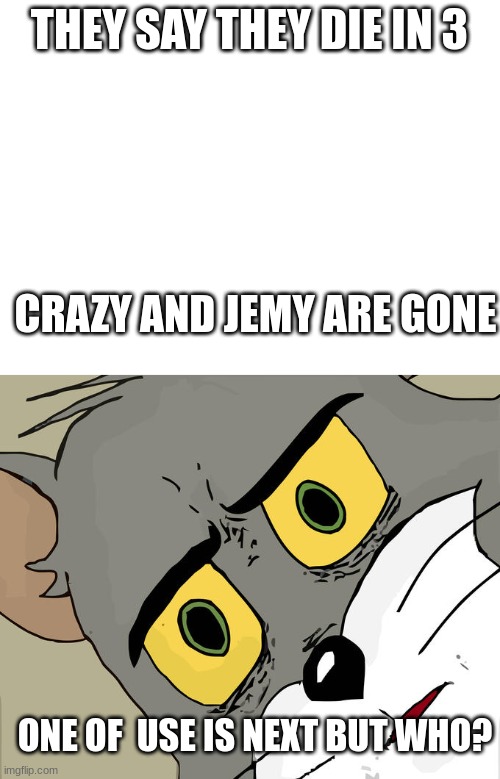 Are you guys okay | THEY SAY THEY DIE IN 3; CRAZY AND JEMY ARE GONE; ONE OF  USE IS NEXT BUT WHO? | image tagged in blank white template,memes,unsettled tom | made w/ Imgflip meme maker