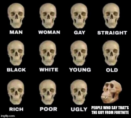 idiot skull |  PEOPLE WHO SAY THAT'S THE GUY FROM FORTNITE | image tagged in idiot skull | made w/ Imgflip meme maker
