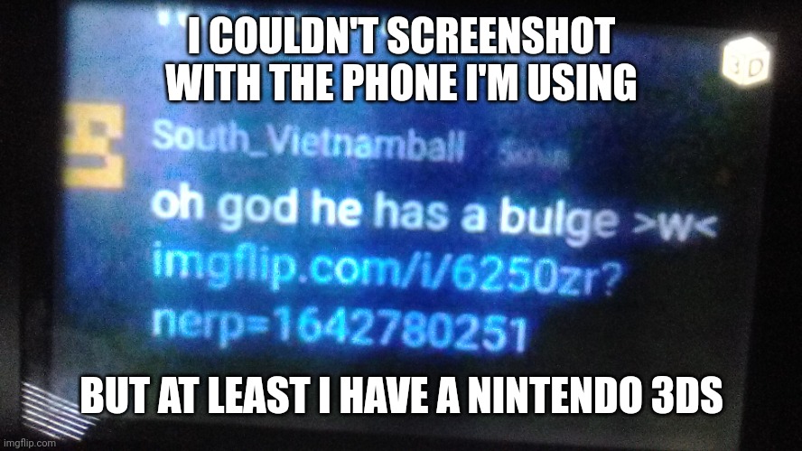 Ayo, @South_Vietnamball a furry confirmed???? | I COULDN'T SCREENSHOT WITH THE PHONE I'M USING; BUT AT LEAST I HAVE A NINTENDO 3DS | image tagged in south_vietnam a furry confirmed | made w/ Imgflip meme maker