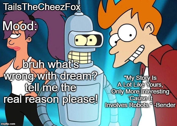 what the hell is wrong with dream? he didn't do anything. | bruh what's wrong with dream? tell me the real reason please! | image tagged in futurama temp thanks nocturnum | made w/ Imgflip meme maker