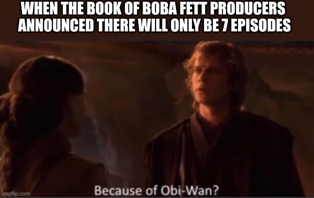 well...we're waiting | WHEN THE BOOK OF BOBA FETT PRODUCERS 
ANNOUNCED THERE WILL ONLY BE 7 EPISODES | image tagged in because of obi-wan,obi wan kenobi,disney,star wars,book of boba fett | made w/ Imgflip meme maker