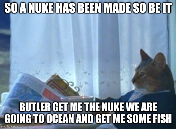 butler and cat | SO A NUKE HAS BEEN MADE SO BE IT; BUTLER GET ME THE NUKE WE ARE GOING TO OCEAN AND GET ME SOME FISH | image tagged in memes,i should buy a boat cat | made w/ Imgflip meme maker