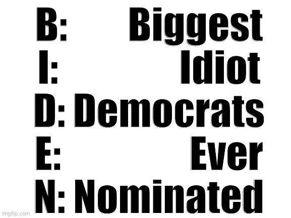 this is what biden stands for | B:        Biggest
I:                Idiot
D: Democrats
E:                 Ever
N: Nominated | image tagged in blank white template,liberty god bible trump,trump,biden,politics | made w/ Imgflip meme maker