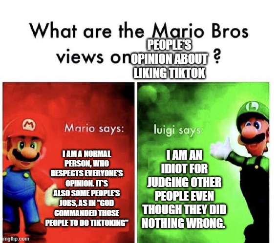 Be controversial, i dare you. | PEOPLE'S OPINION ABOUT LIKING TIKTOK; I AM A NORMAL PERSON, WHO RESPECTS EVERYONE'S OPINION. IT'S ALSO SOME PEOPLE'S JOBS, AS IN "GOD COMMANDED THOSE PEOPLE TO DO TIKTOKING"; I AM AN IDIOT FOR JUDGING OTHER PEOPLE EVEN THOUGH THEY DID NOTHING WRONG. | image tagged in mario bros views | made w/ Imgflip meme maker