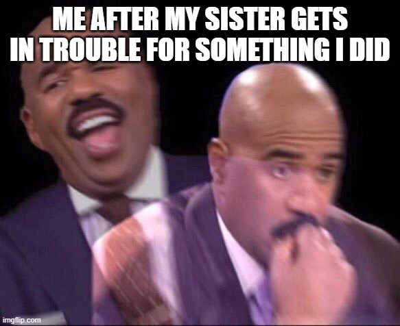 Steve Harvey happy and scared | ME AFTER MY SISTER GETS IN TROUBLE FOR SOMETHING I DID | image tagged in steve harvey happy and scared | made w/ Imgflip meme maker