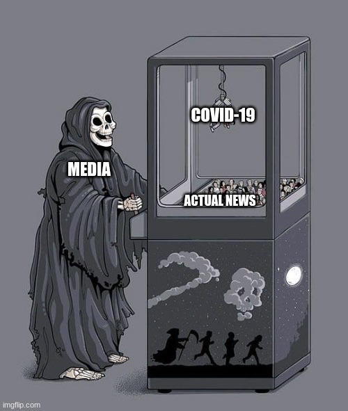 all news now | COVID-19; MEDIA; ACTUAL NEWS | image tagged in grim reaper claw machine | made w/ Imgflip meme maker