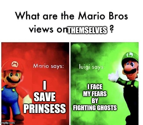 Mario Bros Views | THEMSELVES; I SAVE PRINSESS; I FACE MY FEARS BY FIGHTING GHOSTS | image tagged in mario bros views | made w/ Imgflip meme maker