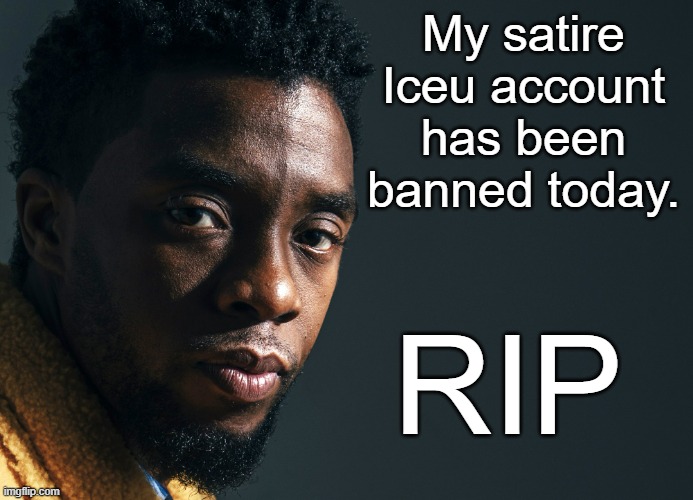 Thank you iceu (and iceu stans) for proving that you cannot handle criticism once again. | My satire Iceu account has been banned today. RIP | image tagged in chadwick boseman | made w/ Imgflip meme maker