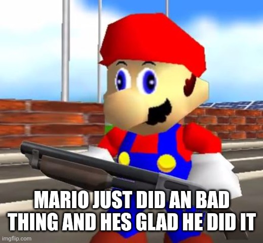 SMG4 Shotgun Mario | MARIO JUST DID AN BAD THING AND HES GLAD HE DID IT | image tagged in smg4 shotgun mario | made w/ Imgflip meme maker