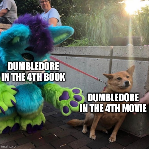 Like I love how calm he asks Harry but in the movie hes like "HARRY DID YOU PUT YOUR NAME IN THE GOBLET OF FIRE?!?!?!?!" | DUMBLEDORE IN THE 4TH BOOK; DUMBLEDORE IN THE 4TH MOVIE | image tagged in dog afraid of furry,harry potter | made w/ Imgflip meme maker