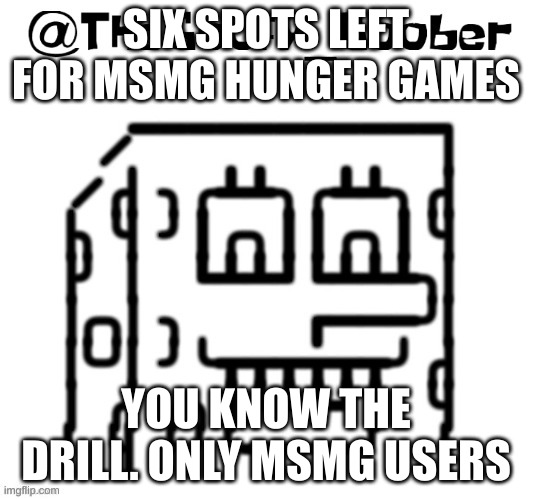TheGoofy_Goober's announcement template | SIX SPOTS LEFT FOR MSMG HUNGER GAMES; YOU KNOW THE DRILL. ONLY MSMG USERS | image tagged in thegoofy_goober's announcement template | made w/ Imgflip meme maker