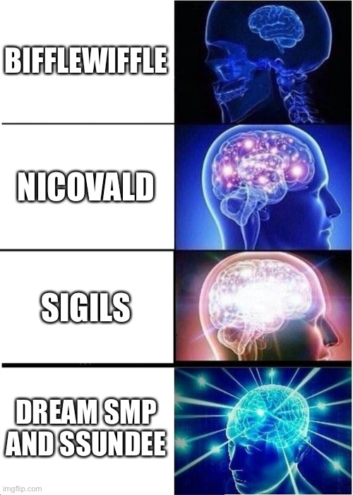 DREAM SMP AND SSUNDEE RULE BOIIII. GET DUNKED ON! | BIFFLEWIFFLE; NICOVALD; SIGILS; DREAM SMP AND SSUNDEE | image tagged in memes,expanding brain | made w/ Imgflip meme maker