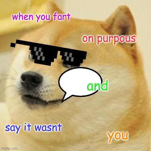 Doge | when you fart; on purpous; and; say it wasnt; you | image tagged in memes,doge | made w/ Imgflip meme maker
