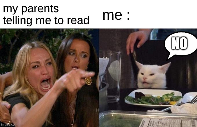 Woman Yelling At Cat | my parents telling me to read; me :; NO | image tagged in memes,woman yelling at cat | made w/ Imgflip meme maker