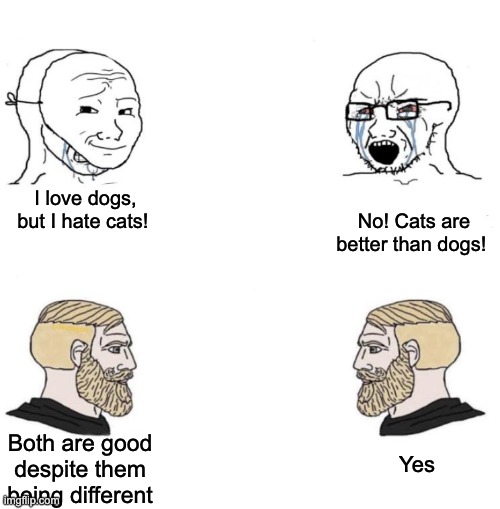 Dogs = cats | No! Cats are better than dogs! I love dogs, but I hate cats! Both are good despite them being different; Yes | image tagged in soy boy chad | made w/ Imgflip meme maker