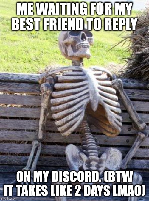 can u agree? upvote = agree | ME WAITING FOR MY BEST FRIEND TO REPLY; ON MY DISCORD. (BTW IT TAKES LIKE 2 DAYS LMAO) | image tagged in memes,waiting skeleton,upvote begging,im upvote begging | made w/ Imgflip meme maker