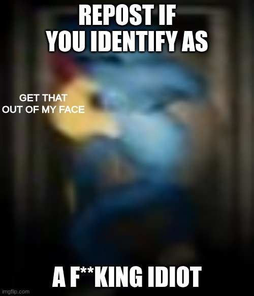 GET THAT OUT OF MY FACE | REPOST IF YOU IDENTIFY AS; A F**KING IDIOT | image tagged in get that out of my face | made w/ Imgflip meme maker