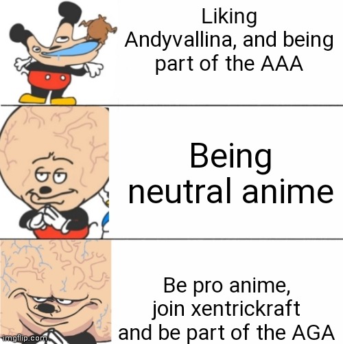 Expanding Brain Mokey | Liking Andyvallina, and being part of the AAA; Being neutral anime; Be pro anime, join xentrickraft and be part of the AGA | image tagged in expanding brain mokey | made w/ Imgflip meme maker