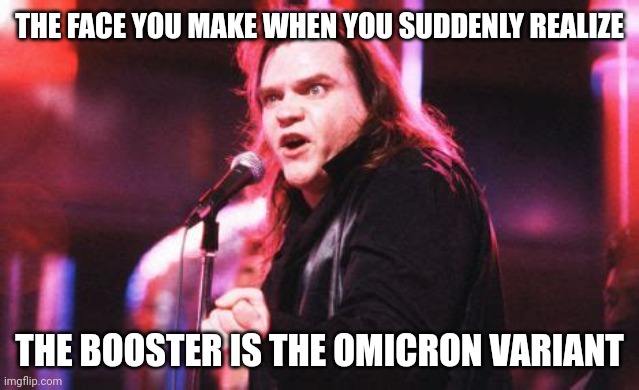 MEATLOAF HAS SUDDEN REALIZATION | THE FACE YOU MAKE WHEN YOU SUDDENLY REALIZE; THE BOOSTER IS THE OMICRON VARIANT | image tagged in the face that meatloaf makes,meatloaf,covid-19,coronavirus,covid vaccine,the face you make | made w/ Imgflip meme maker