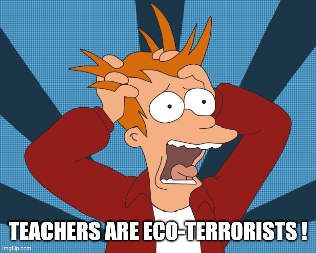 Futurama Fry screaming | TEACHERS ARE ECO-TERRORISTS ! | image tagged in futurama fry screaming | made w/ Imgflip meme maker