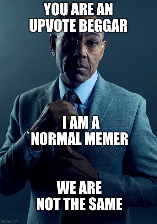 Gus Fring we are not the same | YOU ARE AN UPVOTE BEGGAR; I AM A NORMAL MEMER; WE ARE NOT THE SAME | image tagged in gus fring we are not the same | made w/ Imgflip meme maker