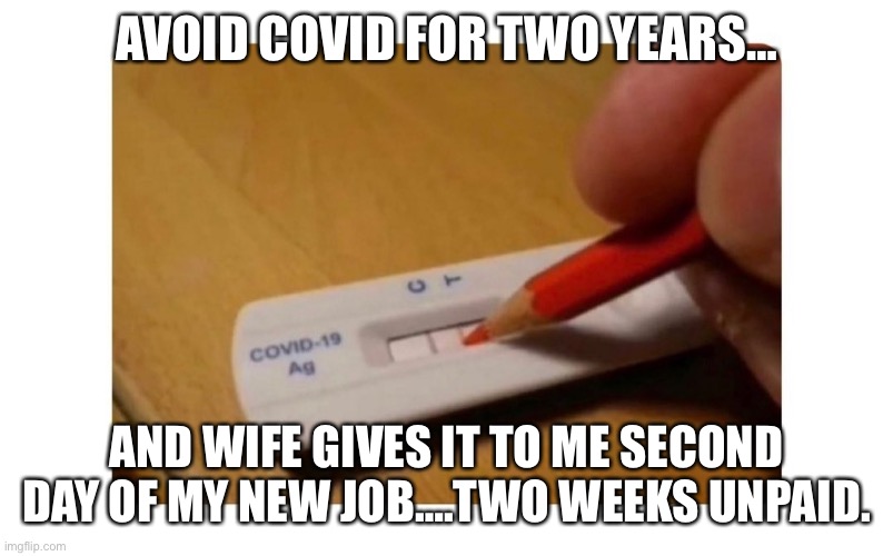 Covid rapid test | AVOID COVID FOR TWO YEARS…; AND WIFE GIVES IT TO ME SECOND DAY OF MY NEW JOB….TWO WEEKS UNPAID. | image tagged in covid rapid test | made w/ Imgflip meme maker
