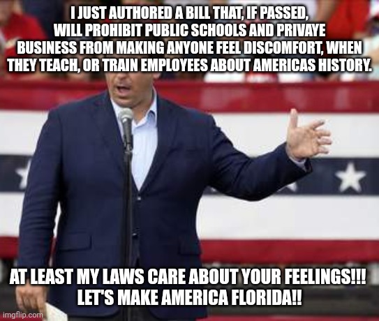 No, no governemnt overreach with this latest law to drum up the base. | I JUST AUTHORED A BILL THAT, IF PASSED, WILL PROHIBIT PUBLIC SCHOOLS AND PRIVAYE BUSINESS FROM MAKING ANYONE FEEL DISCOMFORT, WHEN THEY TEACH, OR TRAIN EMPLOYEES ABOUT AMERICAS HISTORY. AT LEAST MY LAWS CARE ABOUT YOUR FEELINGS!!! 
LET'S MAKE AMERICA FLORIDA!! | image tagged in governor ron desantis - nazi misogynist | made w/ Imgflip meme maker