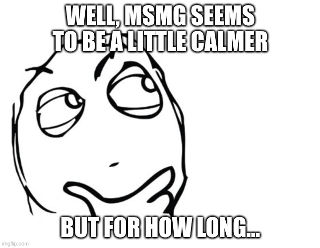 hopefully it can stay that way, but it may not | WELL, MSMG SEEMS TO BE A LITTLE CALMER; BUT FOR HOW LONG... | image tagged in hmmm | made w/ Imgflip meme maker