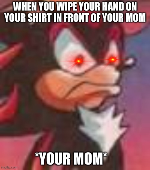 moma | WHEN YOU WIPE YOUR HAND ON YOUR SHIRT IN FRONT OF YOUR MOM; *YOUR MOM* | image tagged in shadow the hedgehog | made w/ Imgflip meme maker