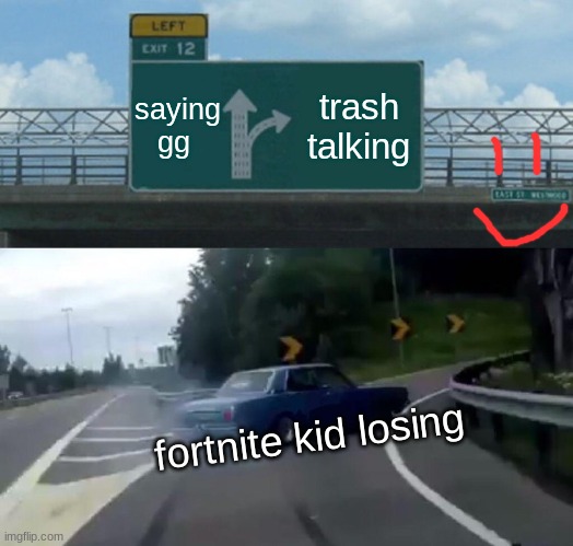 FORTNITE LETS GO | saying gg; trash talking; fortnite kid losing | image tagged in memes,left exit 12 off ramp | made w/ Imgflip meme maker