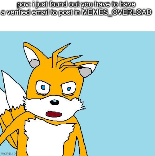 wh- why- when- where- how- |  pov: i just found out you have to have a verified email to post in MEMES_OVERLOAD | image tagged in tails gets trolled template original meme | made w/ Imgflip meme maker