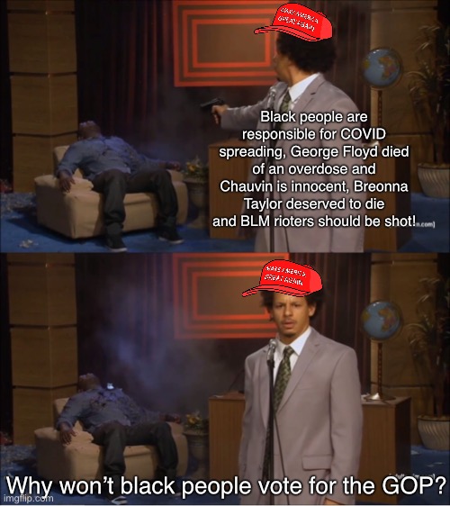 Trump had a lot of support among “the blacks”! | Black people are responsible for COVID spreading, George Floyd died of an overdose and Chauvin is innocent, Breonna Taylor deserved to die and BLM rioters should be shot! Why won’t black people vote for the GOP? | image tagged in memes,who killed hannibal,racism,gop,conservative logic,black lives matter | made w/ Imgflip meme maker