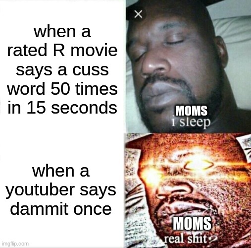 fax |  when a rated R movie says a cuss word 50 times in 15 seconds; MOMS; when a youtuber says dammit once; MOMS | image tagged in memes,sleeping shaq | made w/ Imgflip meme maker